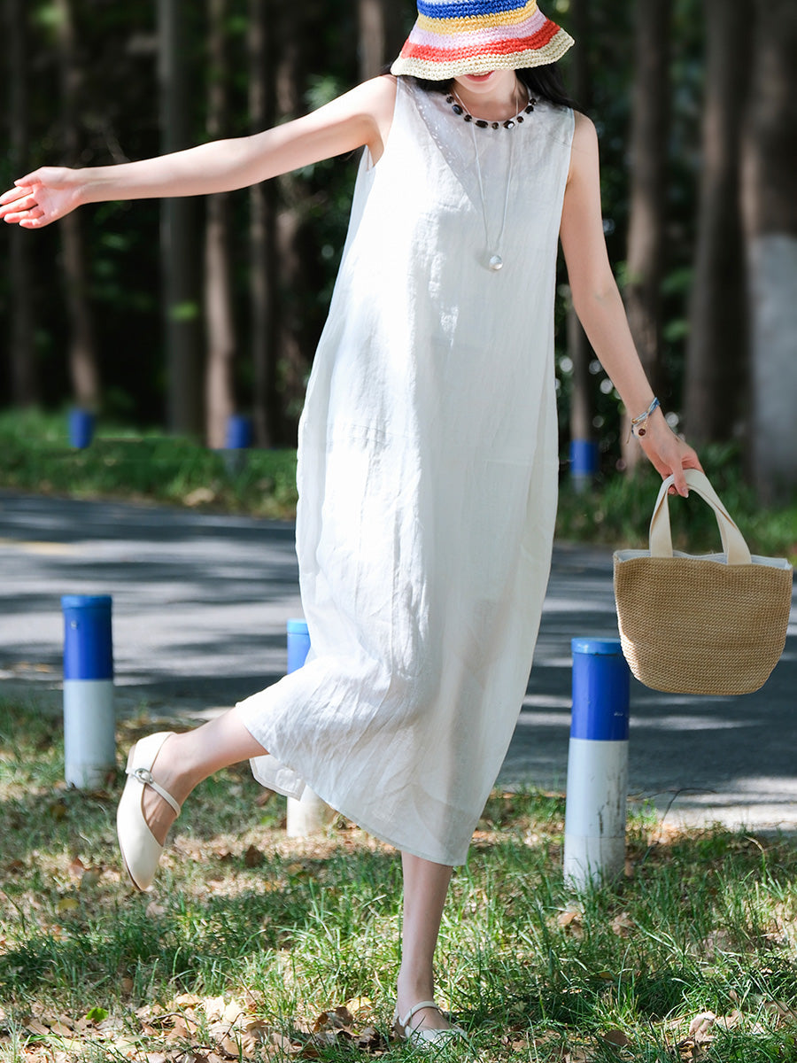 Robe d'été sans manches 100 % lin à col rond pour femme