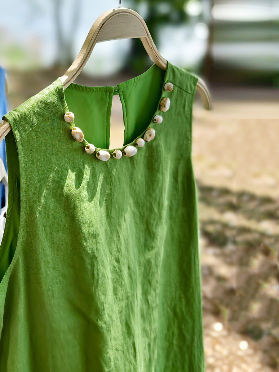 Robe d'été sans manches 100 % lin à col rond pour femme