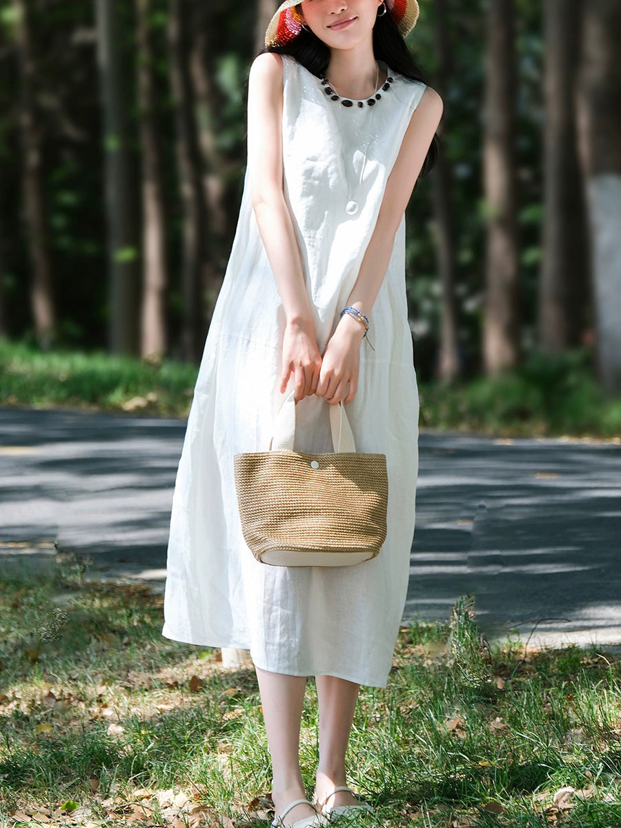 Robe d'été sans manches 100 % lin à col rond pour femme
