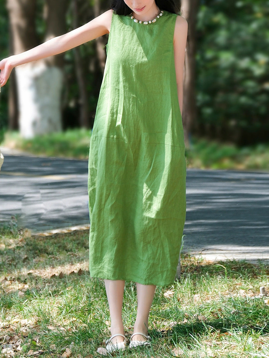 Robe d'été sans manches 100 % lin à col rond pour femme