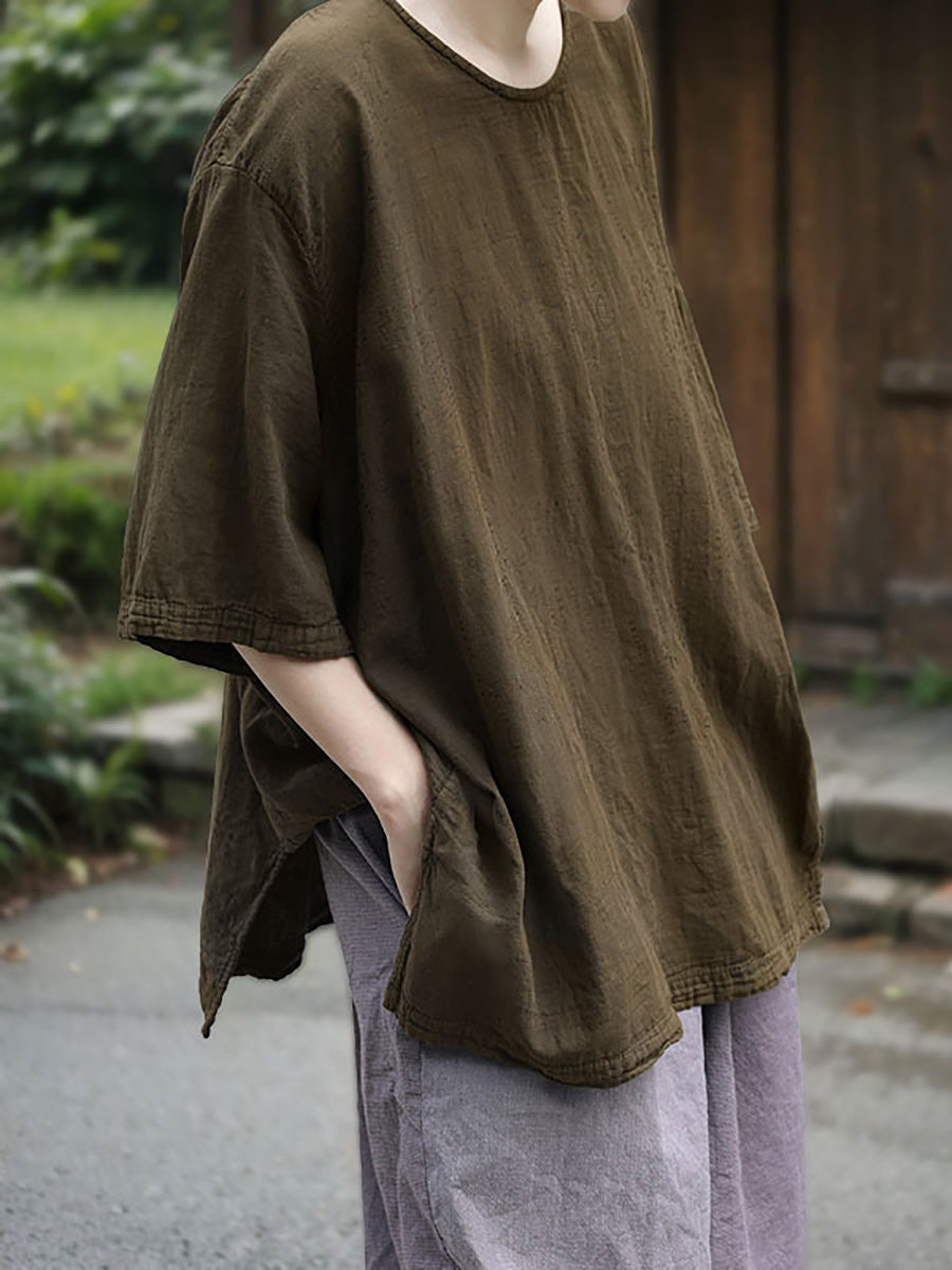 Chemise d'été décontractée 100 % coton à col rond pour femme, couleur pure 