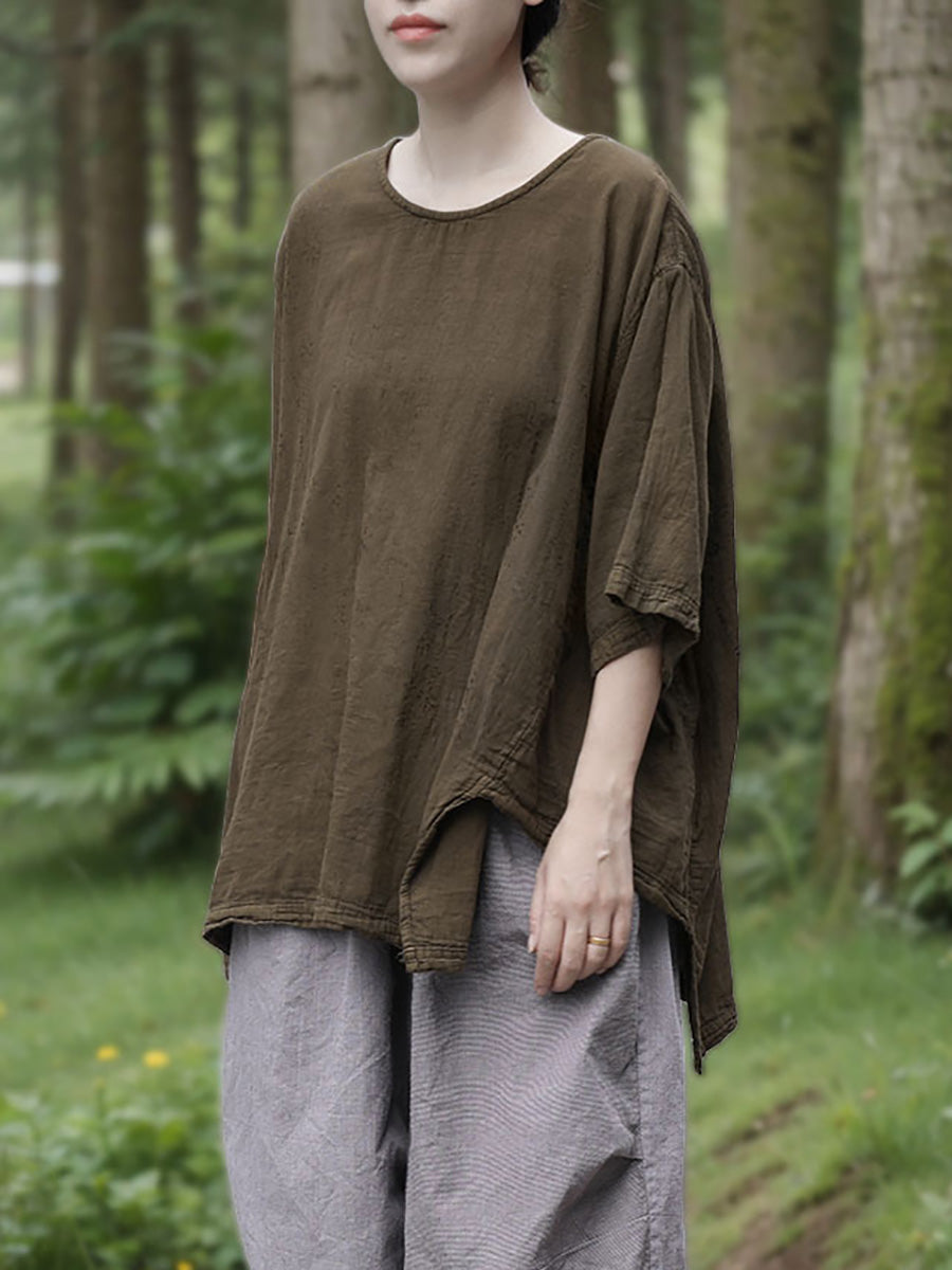 Chemise d'été décontractée 100 % coton à col rond pour femme, couleur pure 