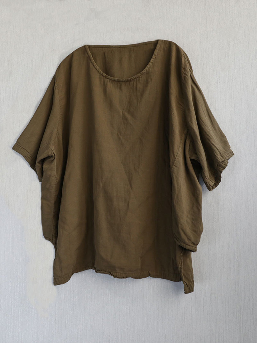 Chemise d'été décontractée 100 % coton à col rond pour femme, couleur pure 