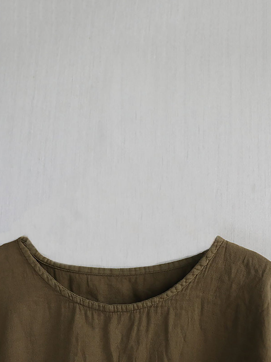 Chemise d'été décontractée 100 % coton à col rond pour femme, couleur pure 