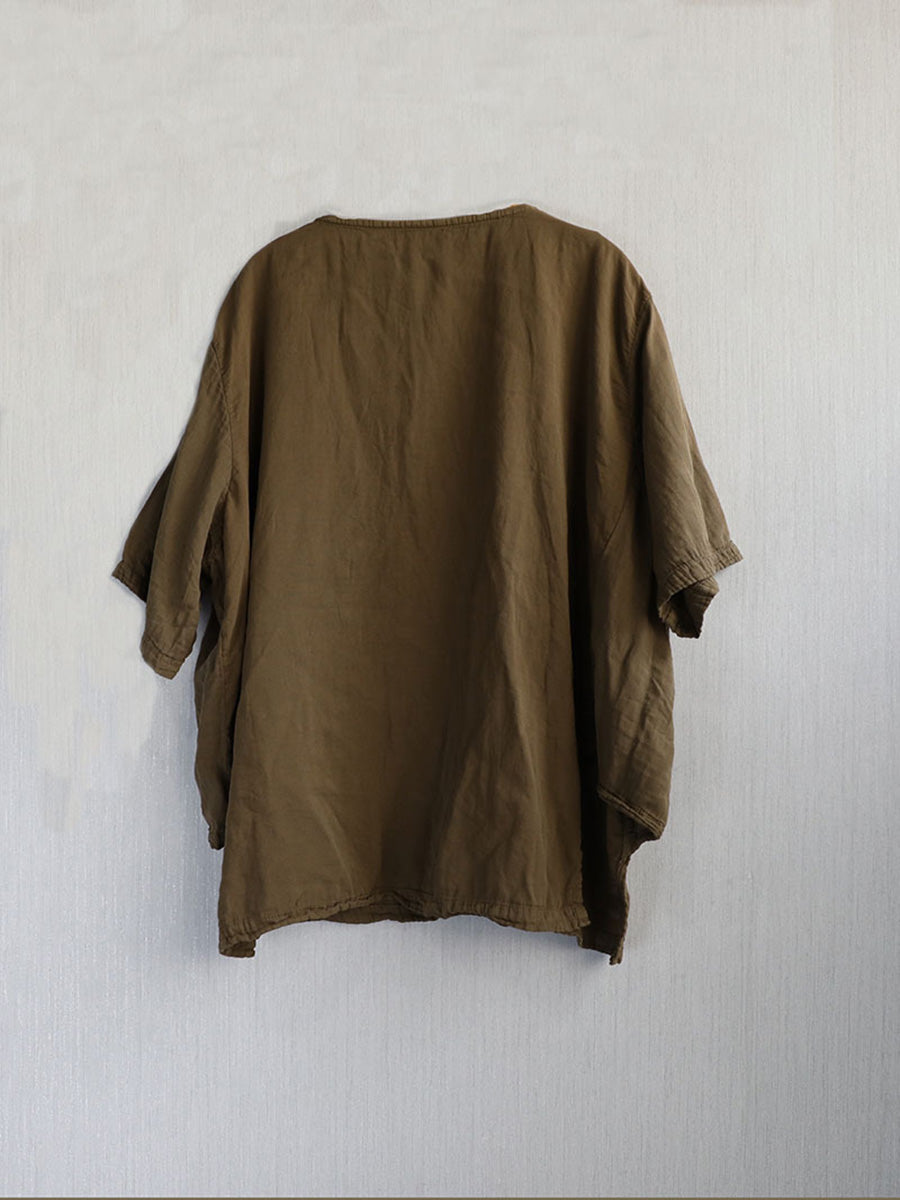 Chemise d'été décontractée 100 % coton à col rond pour femme, couleur pure 