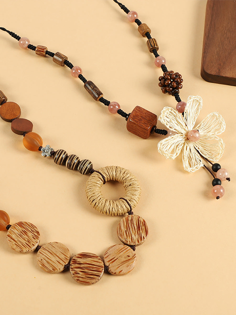 Straw Wooden Women Flower Bead Necklace Artsy