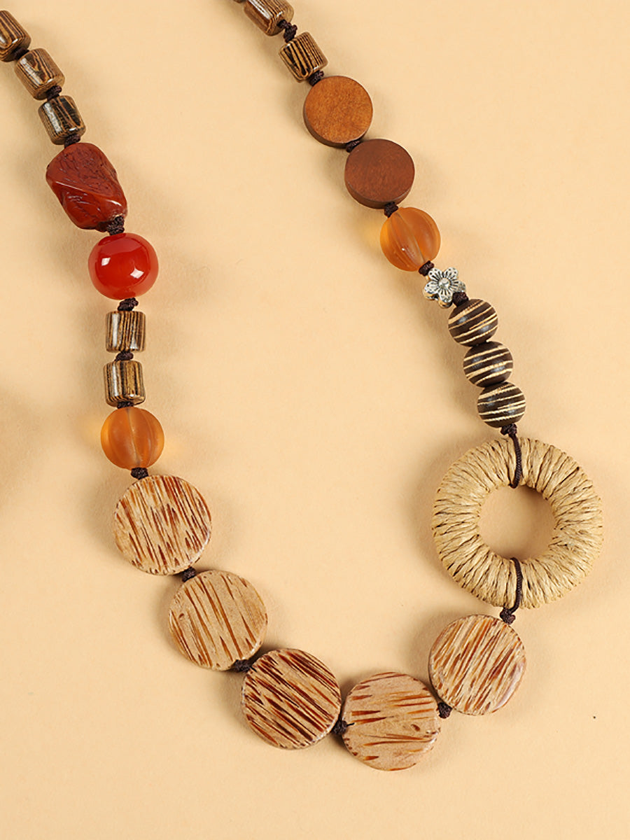 Straw Wooden Women Flower Bead Necklace Artsy