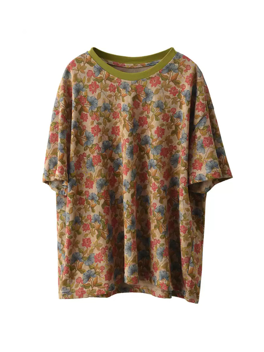 Chemise d'été rétro à col rond 100 % coton pour femme avec imprimé floral 