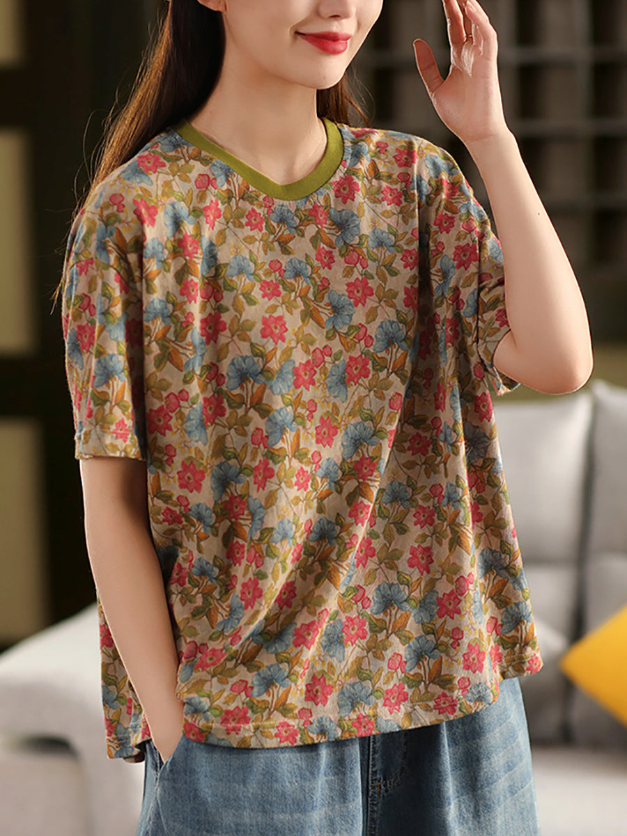 Chemise d'été rétro à col rond 100 % coton pour femme avec imprimé floral 