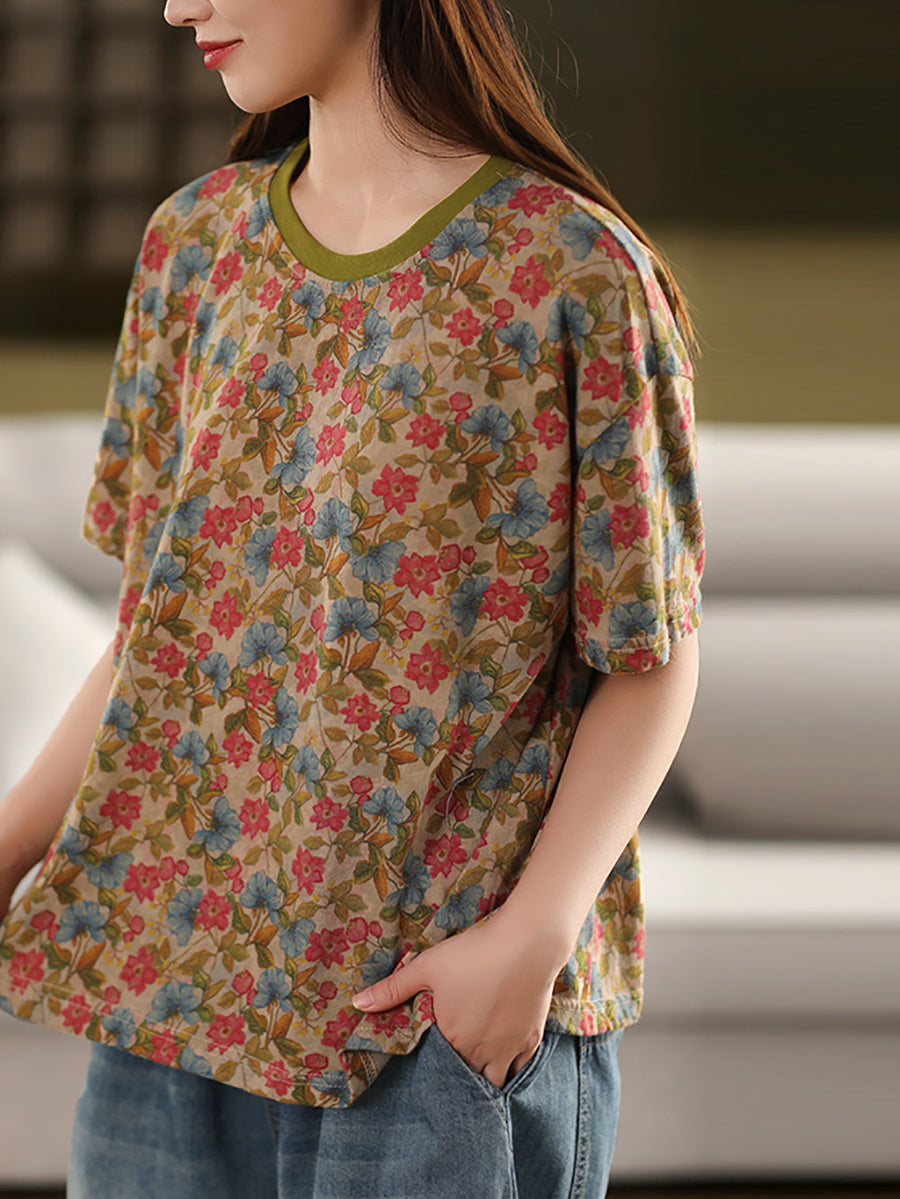 Chemise d'été rétro à col rond 100 % coton pour femme avec imprimé floral 