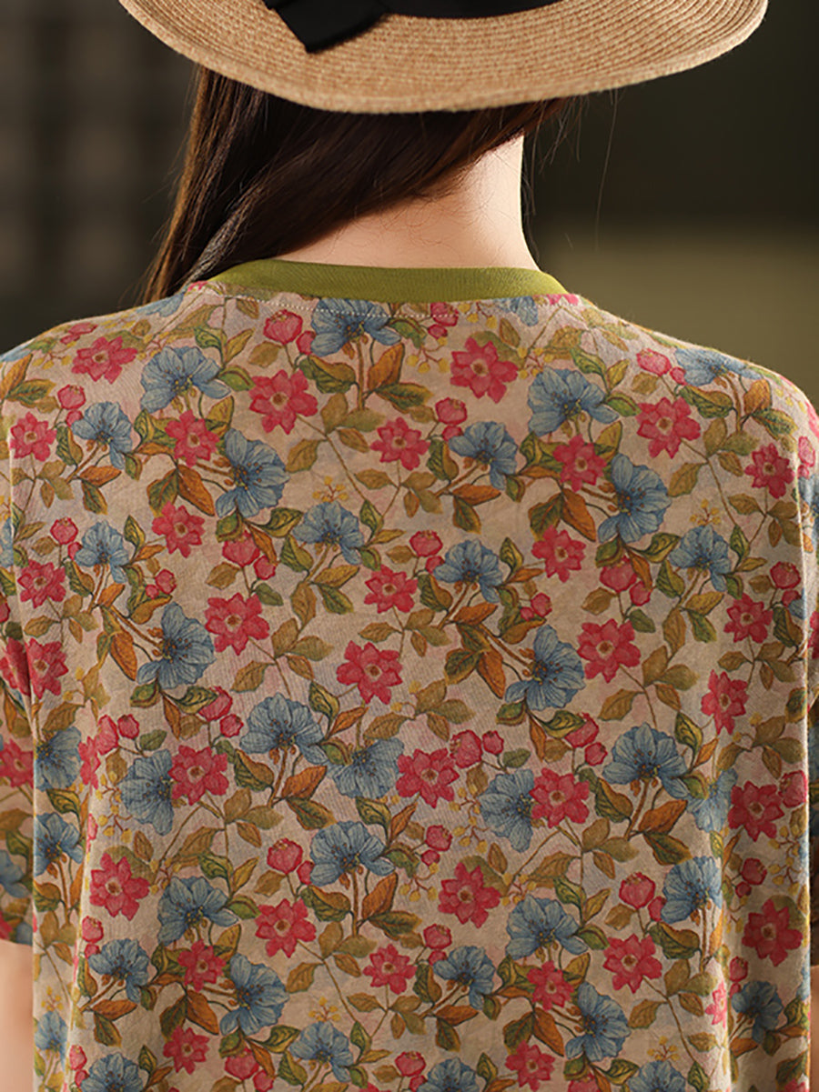 Chemise d'été rétro à col rond 100 % coton pour femme avec imprimé floral 