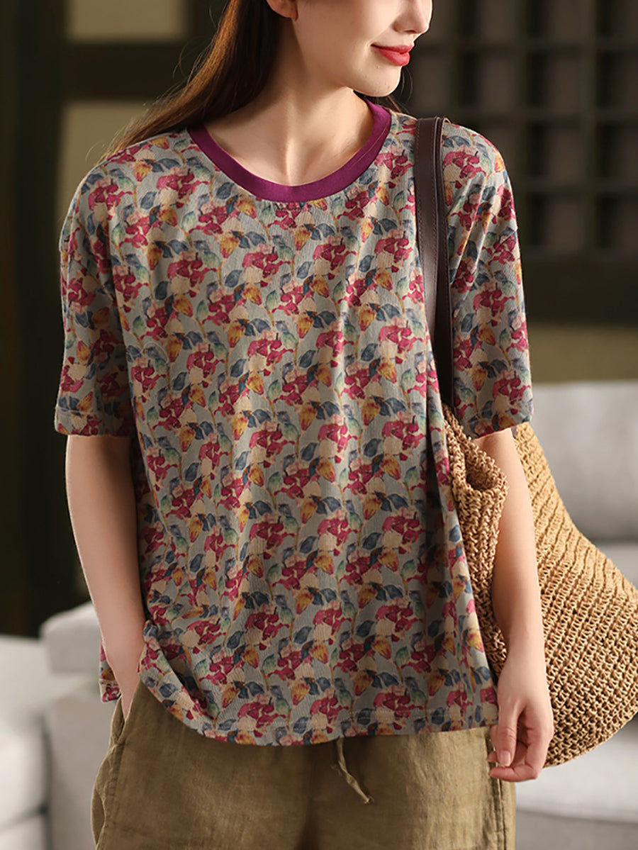 Chemise d'été rétro à col rond 100 % coton pour femme avec imprimé floral 