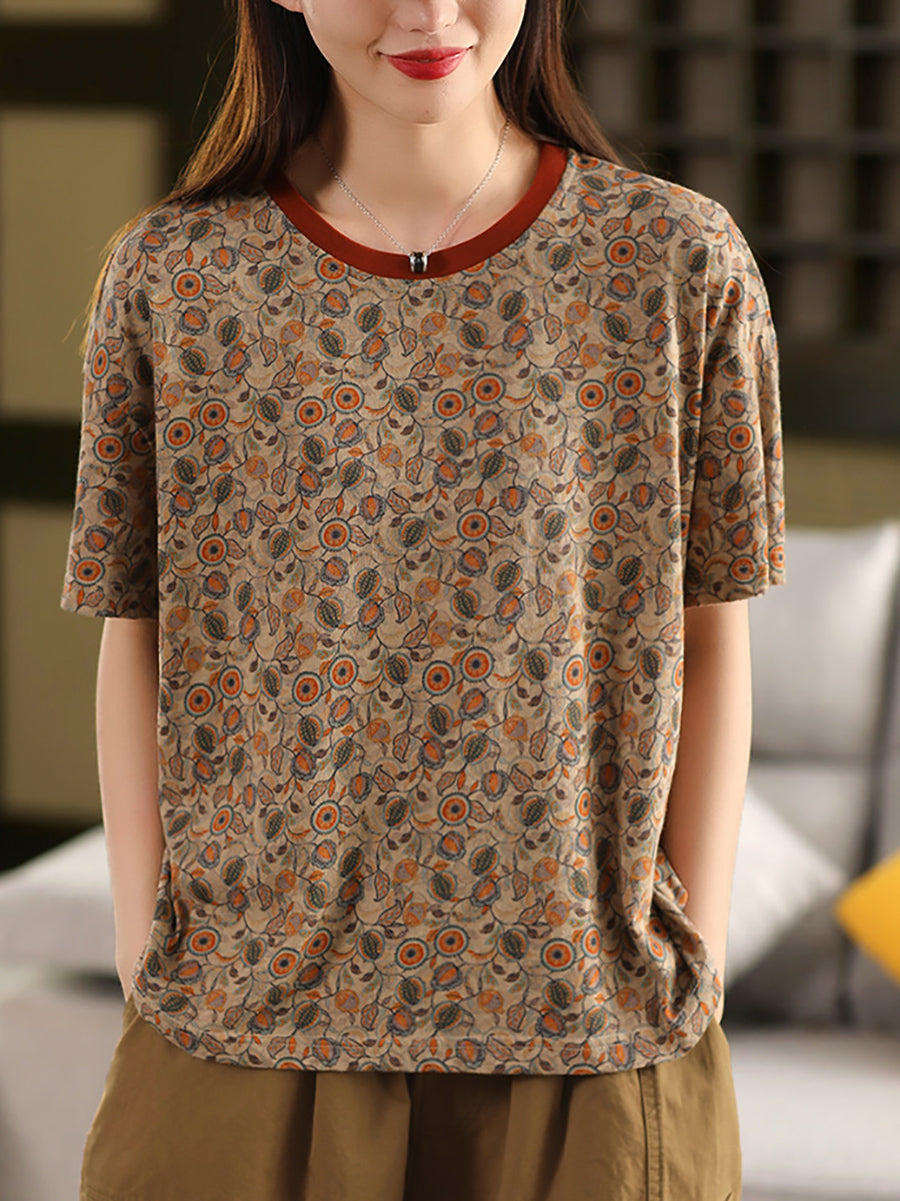 Chemise d'été rétro à col rond 100 % coton pour femme avec imprimé floral 