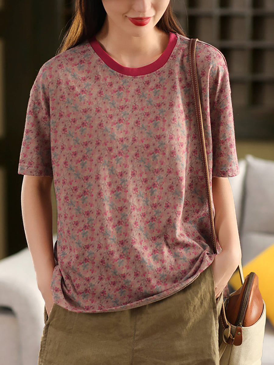 Chemise d'été rétro à col rond 100 % coton pour femme avec imprimé floral 
