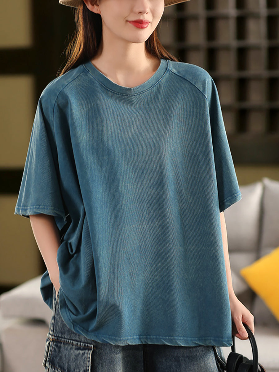 Chemise d'été 100 % coton pour femme, col rond, couleur unie, décontractée 