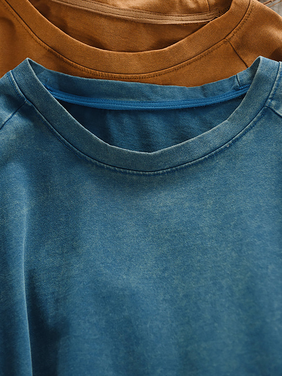 Chemise d'été 100 % coton pour femme, col rond, couleur unie, décontractée 