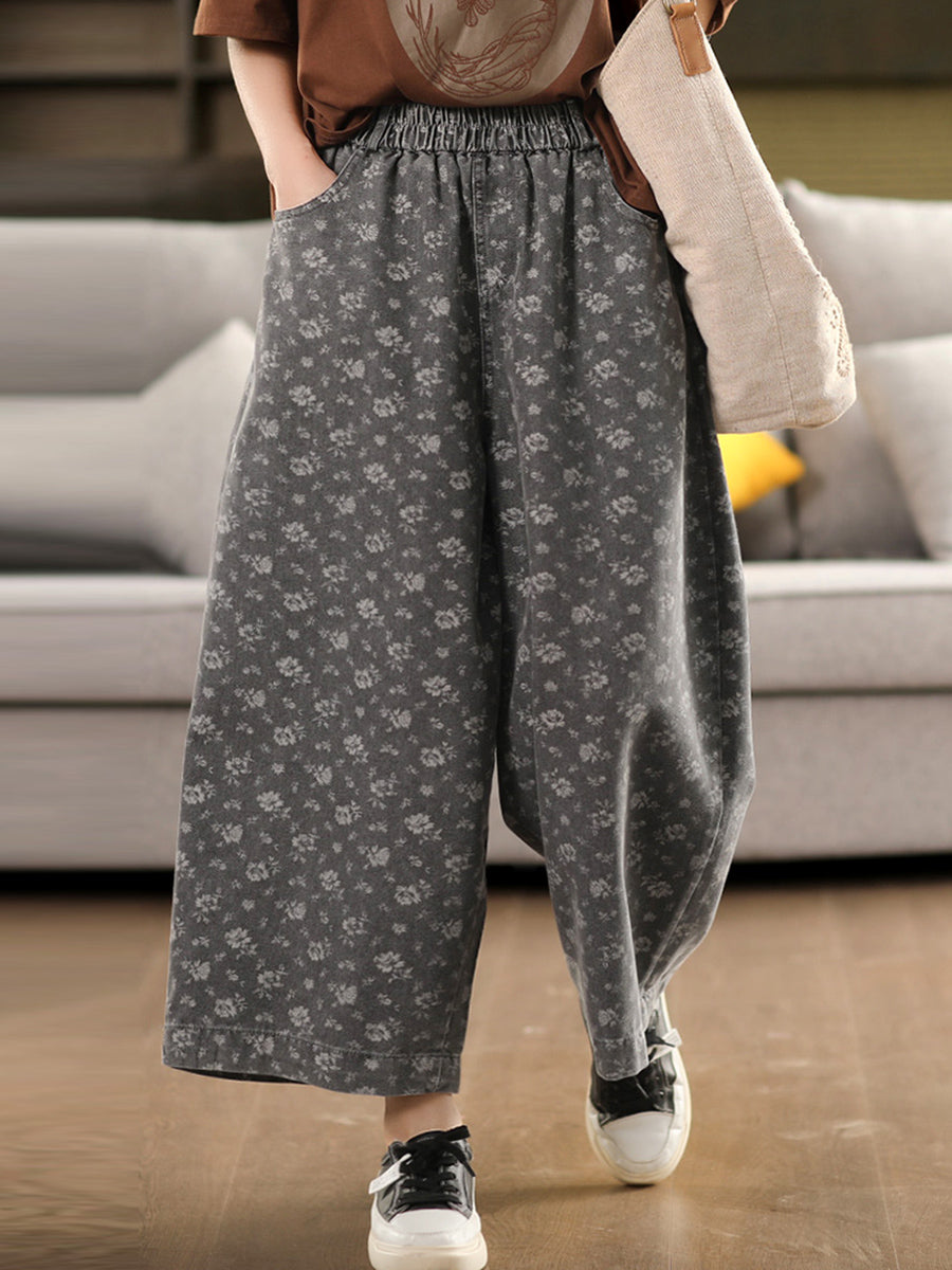 Abgenutzte Denim-Hose mit weitem Bein und Blumenmuster für Damen 