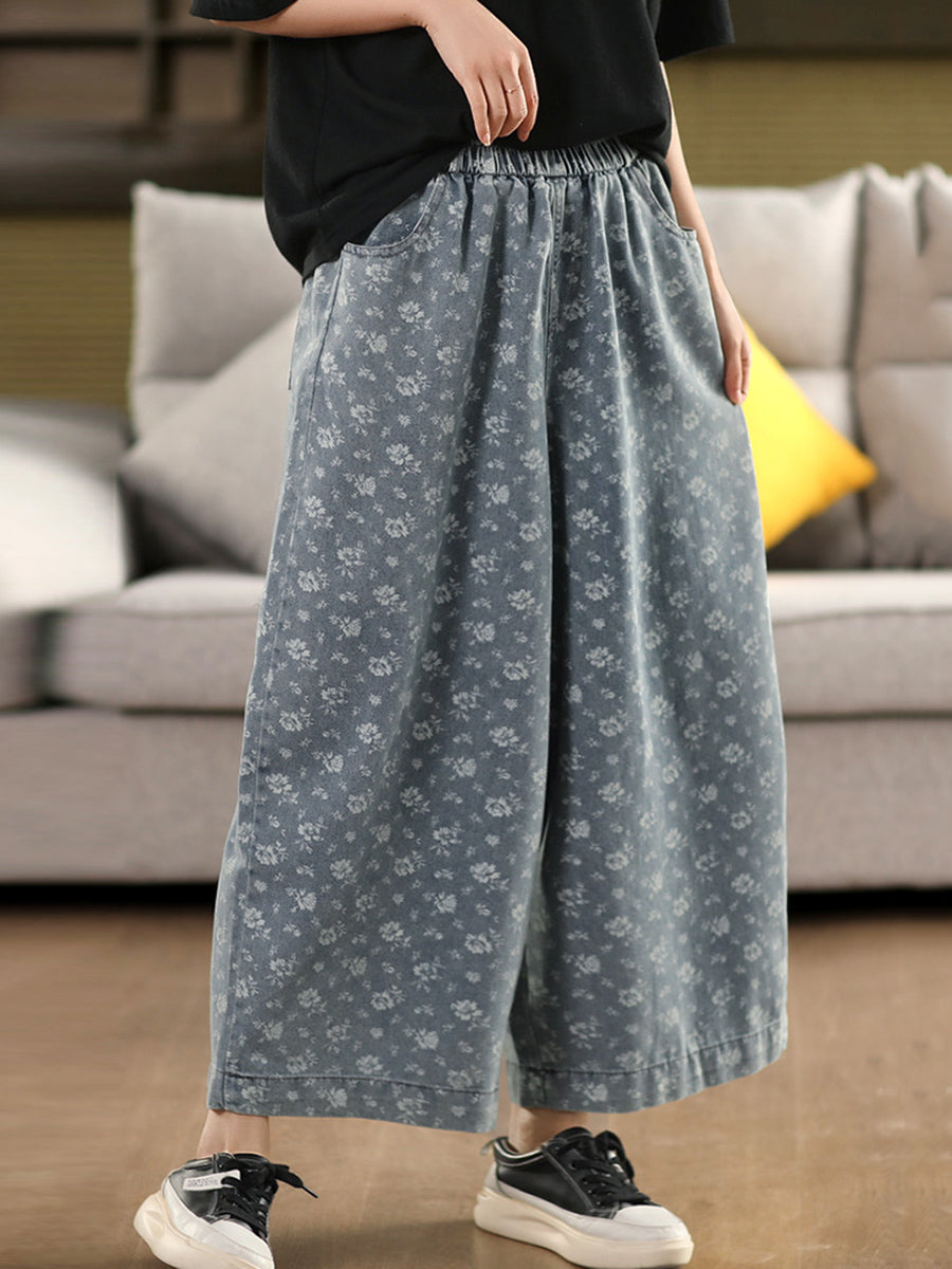 Abgenutzte Denim-Hose mit weitem Bein und Blumenmuster für Damen 
