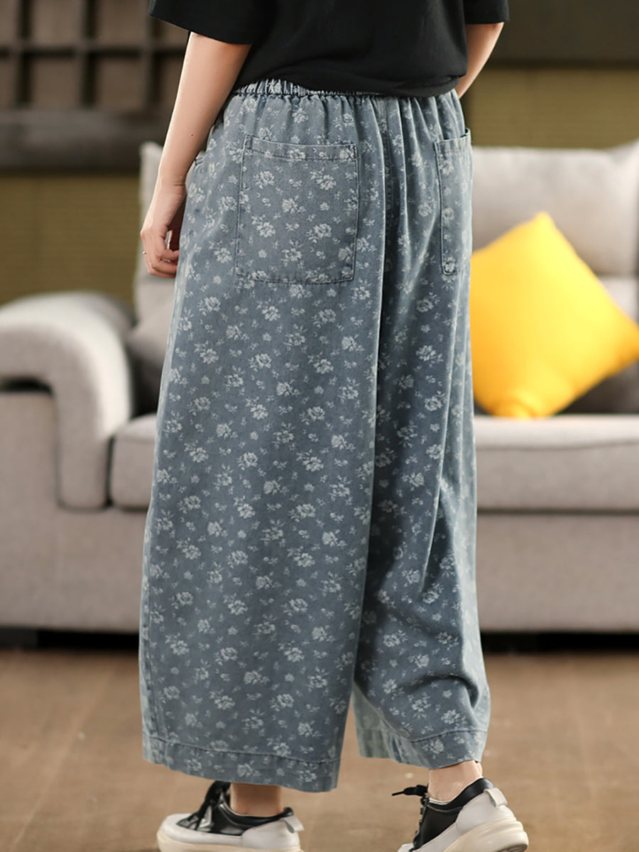 Abgenutzte Denim-Hose mit weitem Bein und Blumenmuster für Damen 
