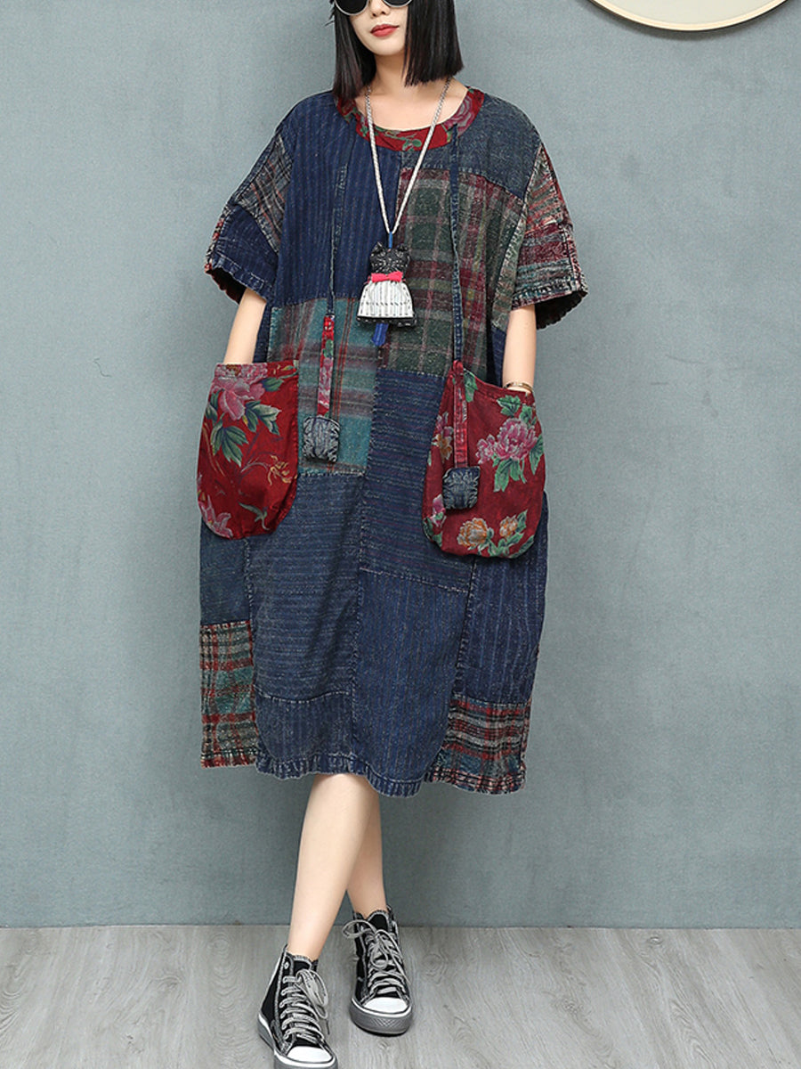 Patchwork Cotton Women Summer Retro O-Neck Dress