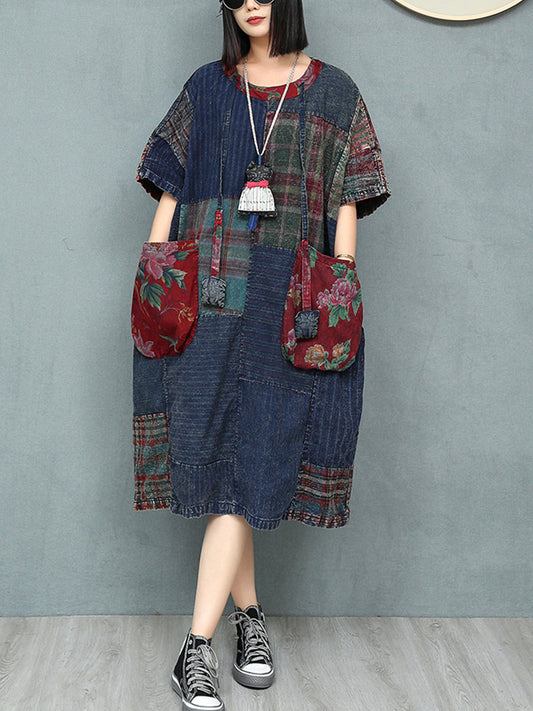 Patchwork Cotton Women Summer Retro O-Neck Dress