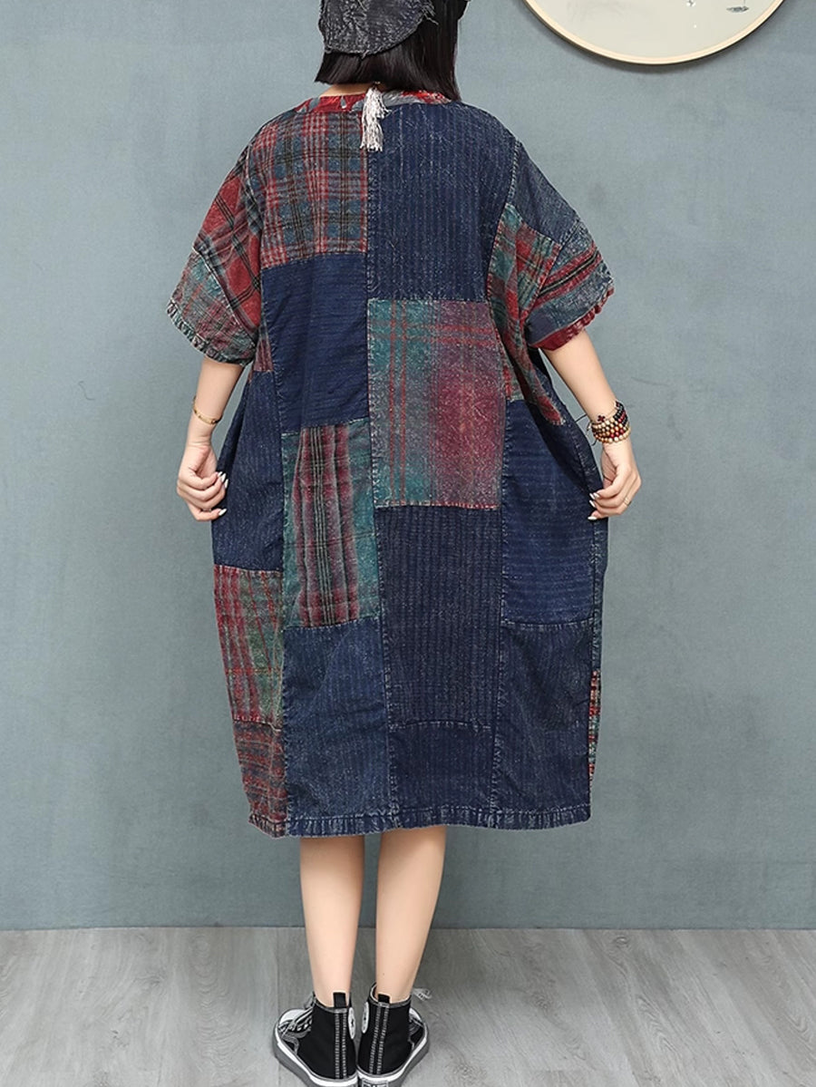Patchwork Cotton Women Summer Retro O-Neck Dress