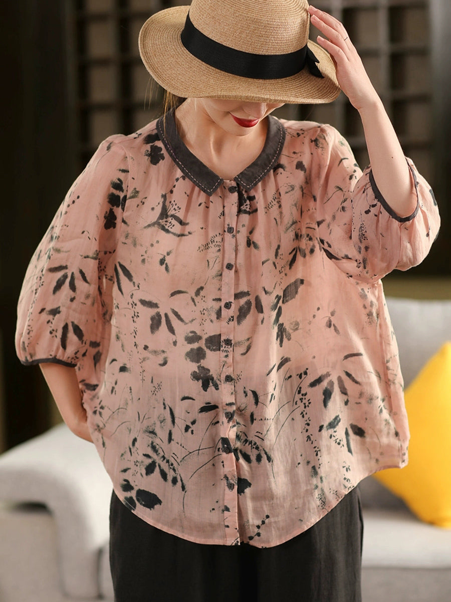 100%Ramie Shirt Summer Turn-down Artsy Collar Flower Women