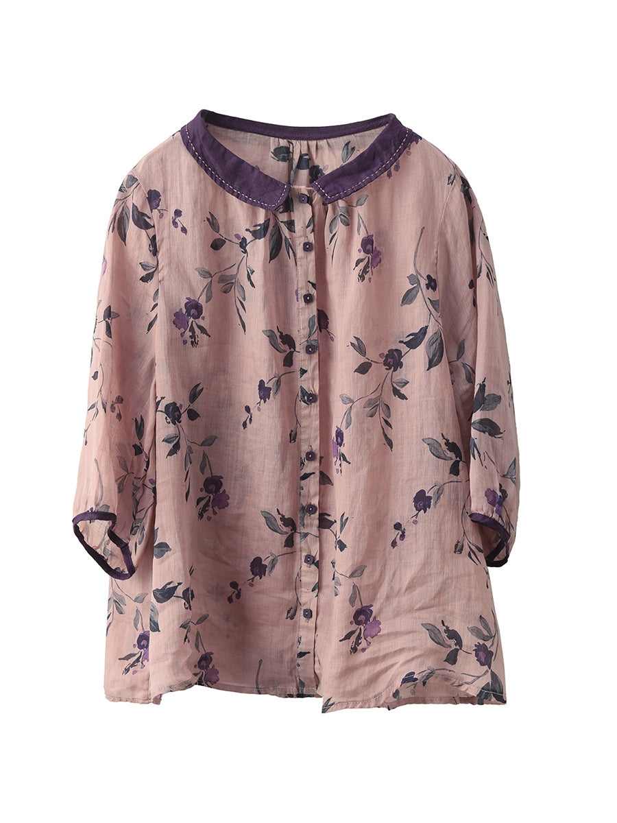 100%Ramie Shirt Summer Turn-down Artsy Collar Flower Women