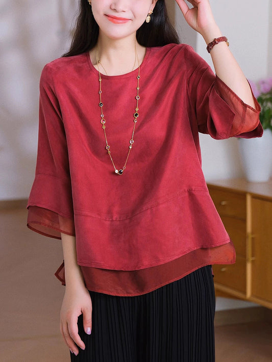 Color Pure Summer O-Neck Spliced Women Shirt Artsy