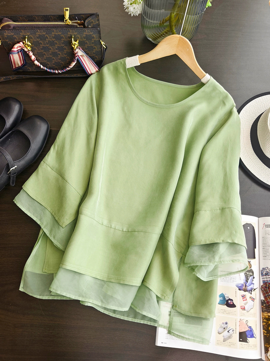 Color Pure Summer O-Neck Spliced Women Shirt Artsy