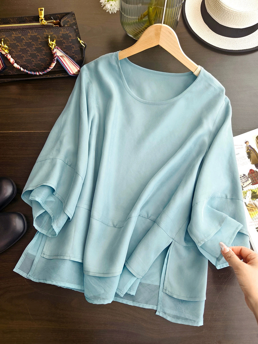 Color Pure Summer O-Neck Spliced Women Shirt Artsy