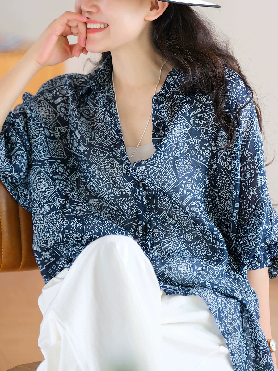 Shirt Print Women Collar Summer Turn-down Artsy 100%Ramie
