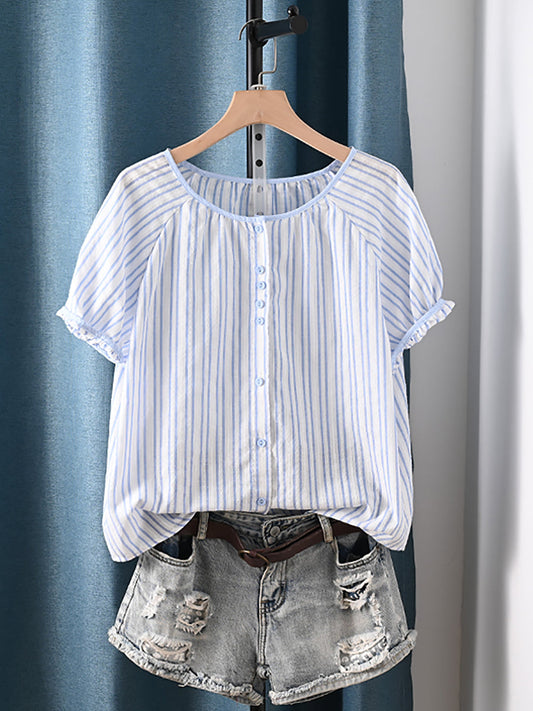 Chemise d'été à carreaux artistiques 100 % coton pour femme, col rond et rayures 