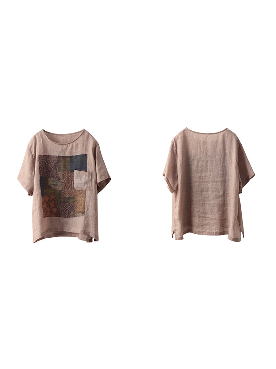 Summer O-Neck Women Patchwork Shirt 100%Ramie Artsy