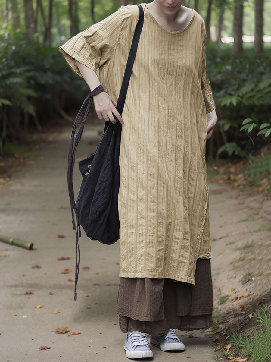 Robe d'été à col rond pour femme, en coton, à rayures, style rétro 