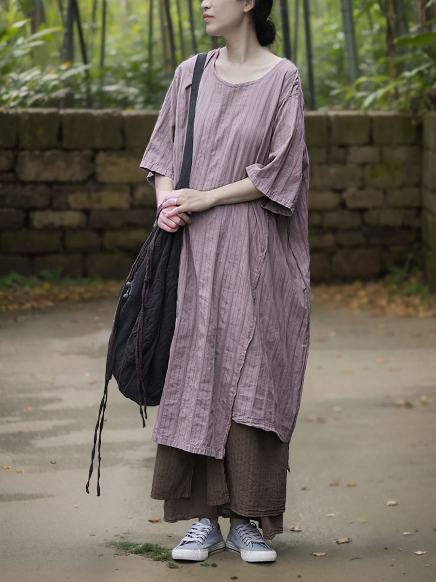 Robe d'été à col rond pour femme, en coton, à rayures, style rétro 