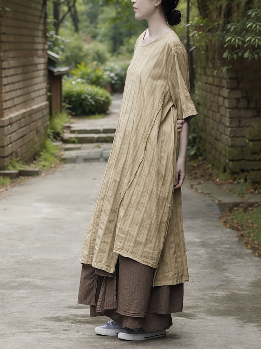 Robe d'été à col rond pour femme, en coton, à rayures, style rétro 