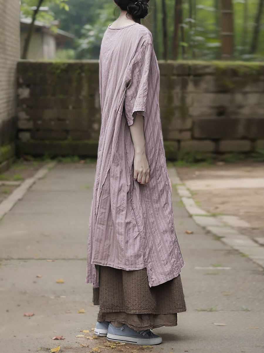 Robe d'été à col rond pour femme, en coton, à rayures, style rétro 