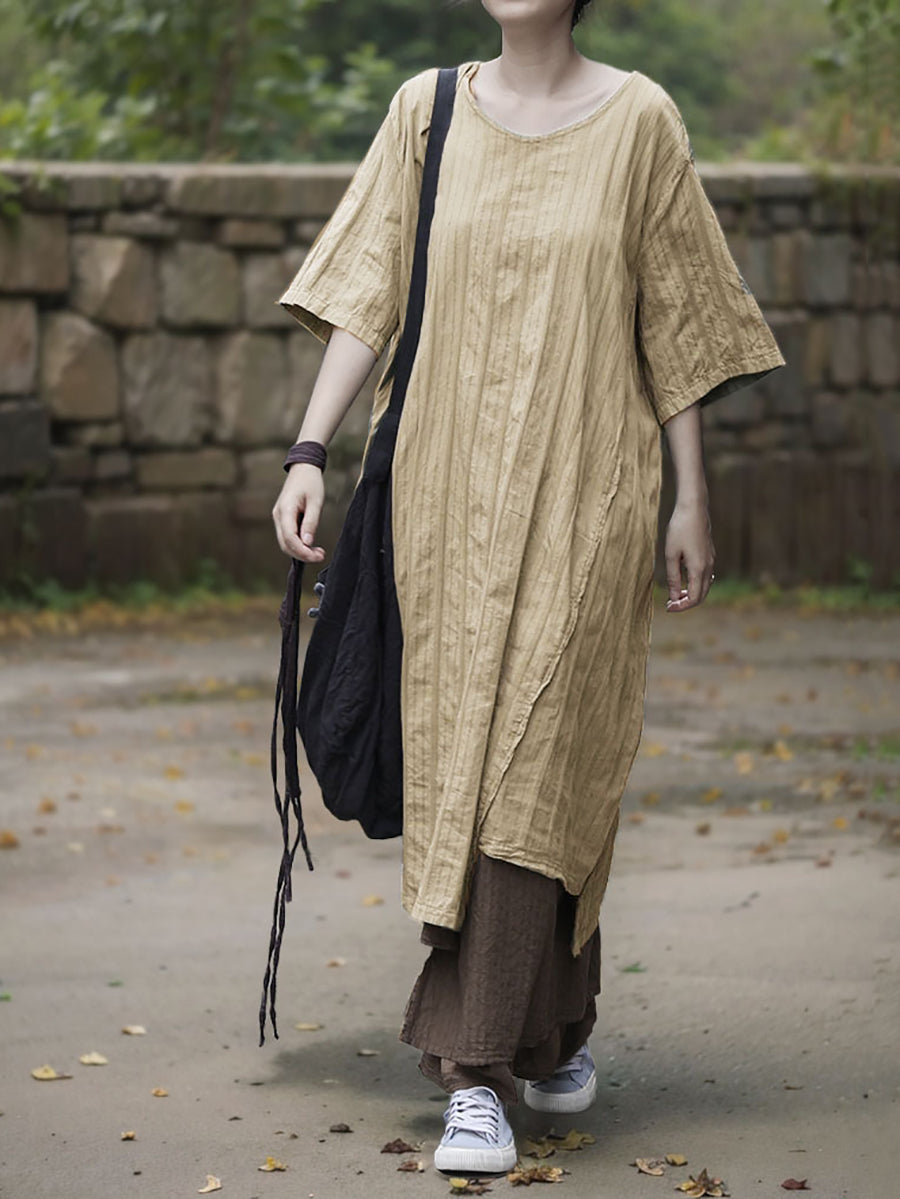 Robe d'été à col rond pour femme, en coton, à rayures, style rétro 