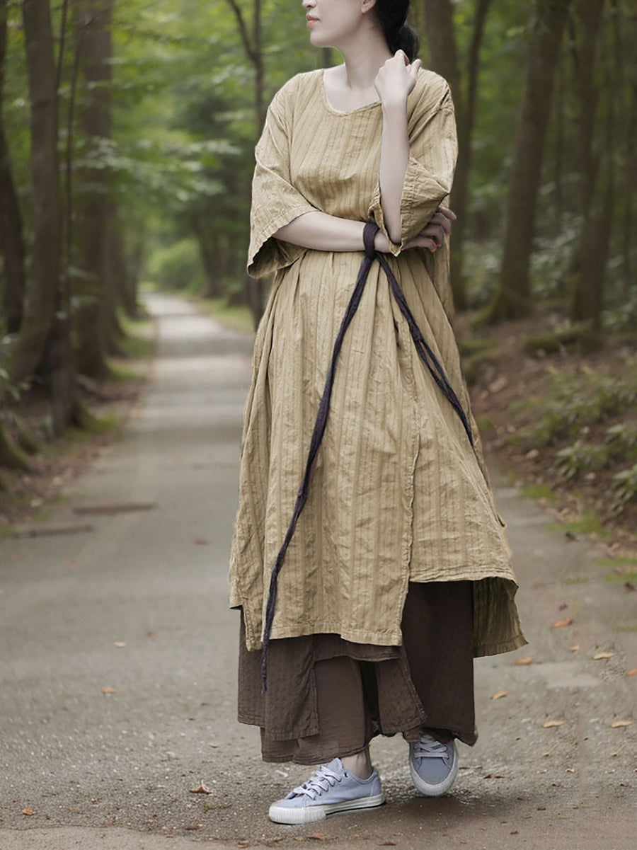 Robe d'été à col rond pour femme, en coton, à rayures, style rétro 