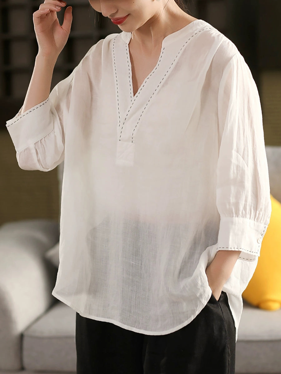 Chemise d'été 100 % lin à col en V pour femme