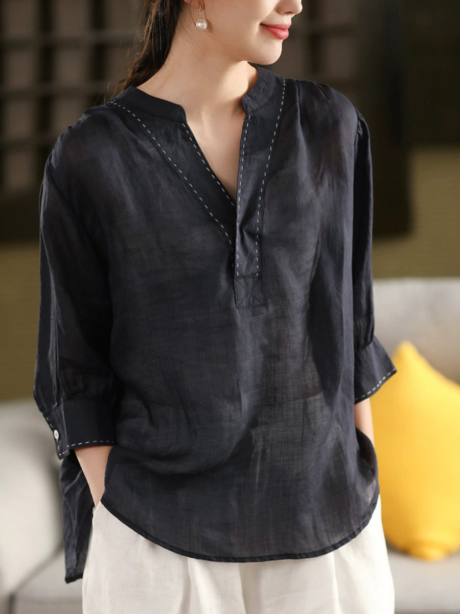 Chemise d'été 100 % lin à col en V pour femme