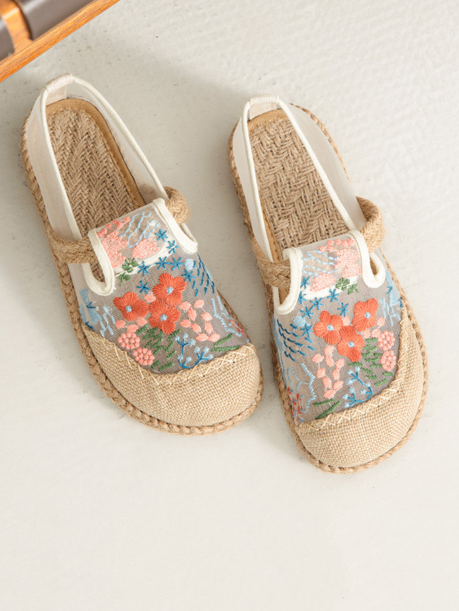 Chaussures ethniques à fleurs pour femmes, broderies en lin, été