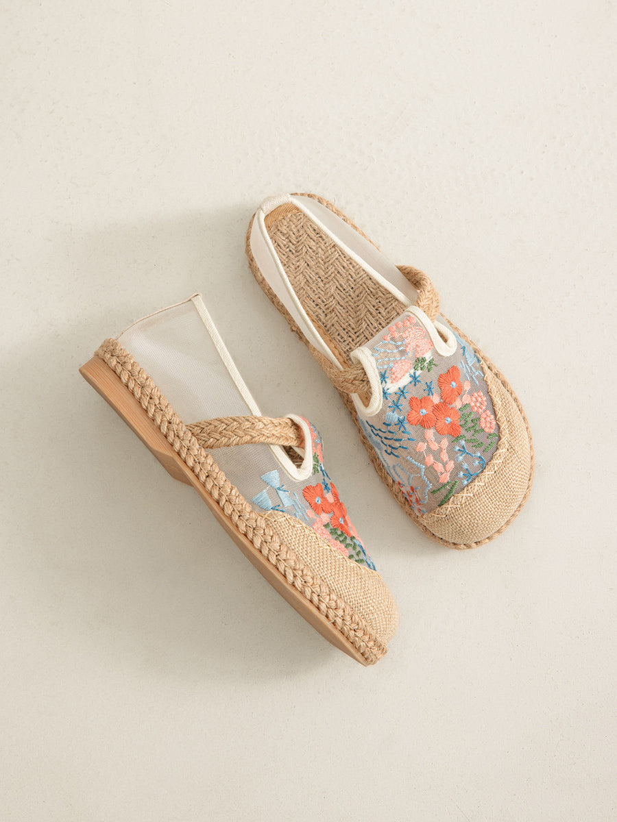 Chaussures ethniques à fleurs pour femmes, broderies en lin, été