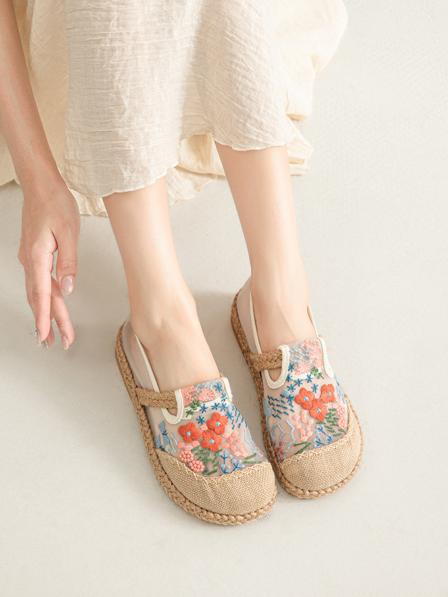 Chaussures ethniques à fleurs pour femmes, broderies en lin, été