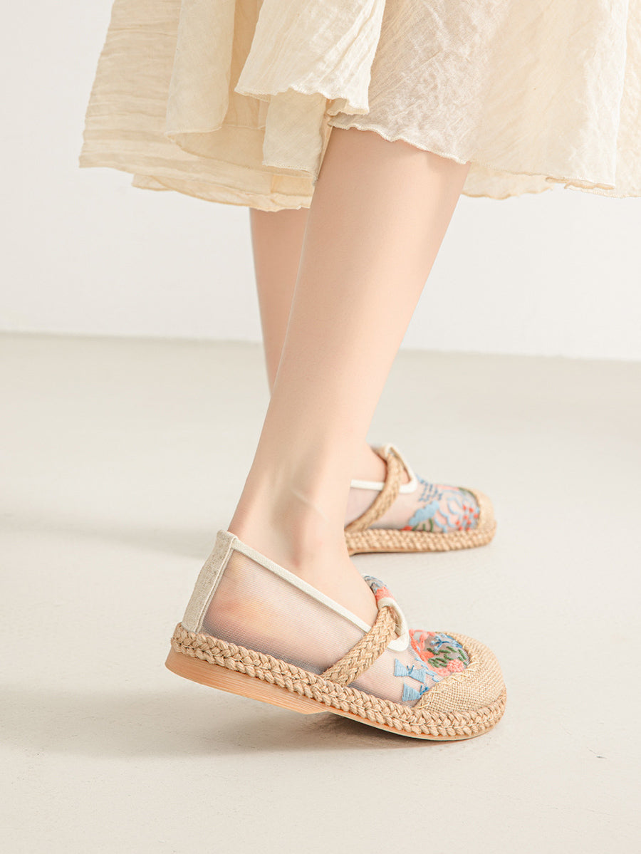 Chaussures ethniques à fleurs pour femmes, broderies en lin, été