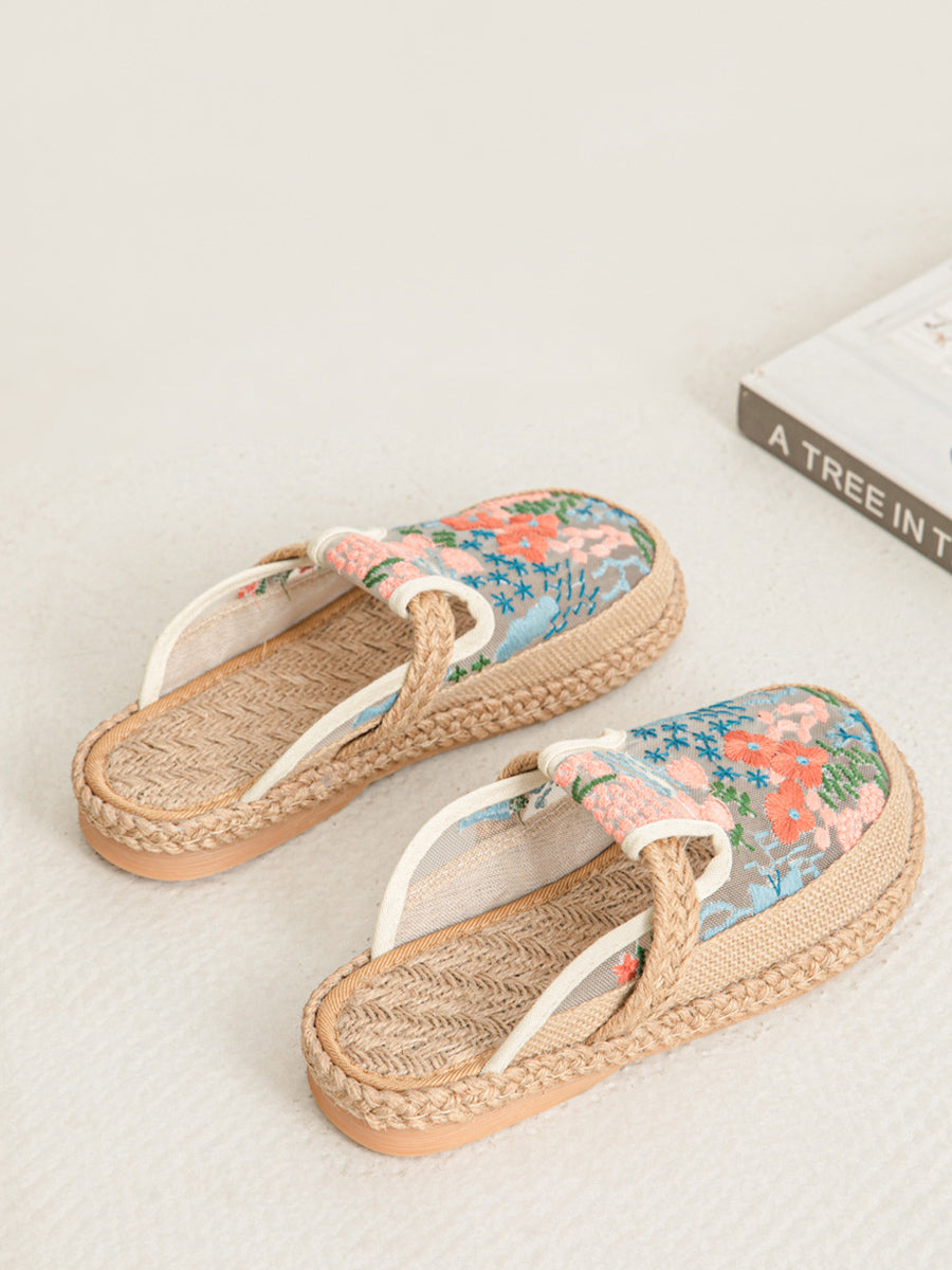 Chaussures ethniques à fleurs pour femmes, broderies en lin, été