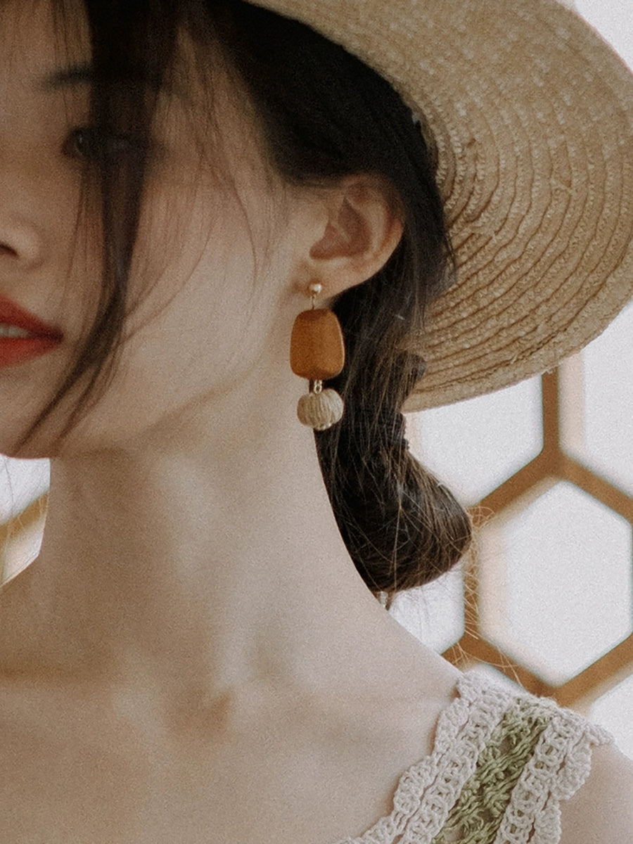 Boucles d'oreilles en bois et paille pour femme, style bohème