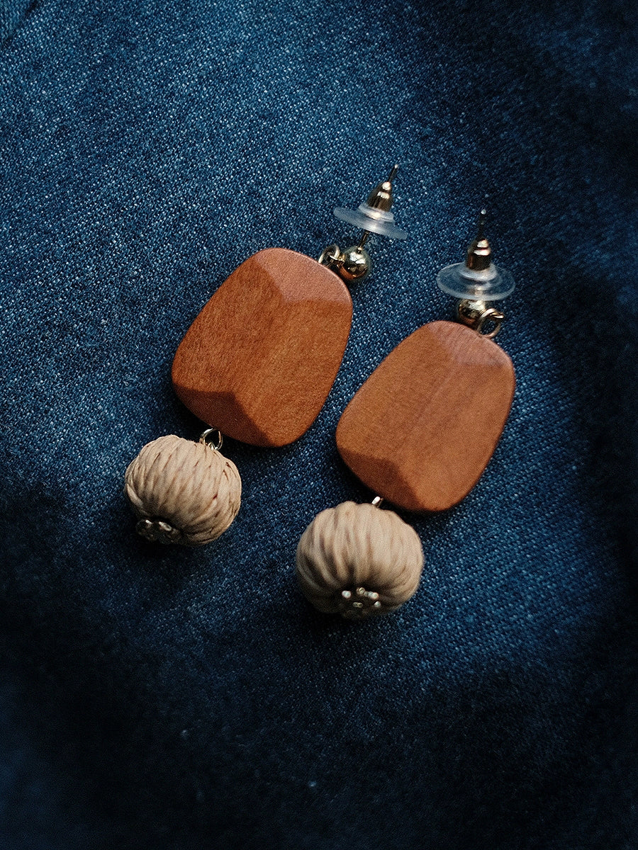 Boucles d'oreilles en bois et paille pour femme, style bohème