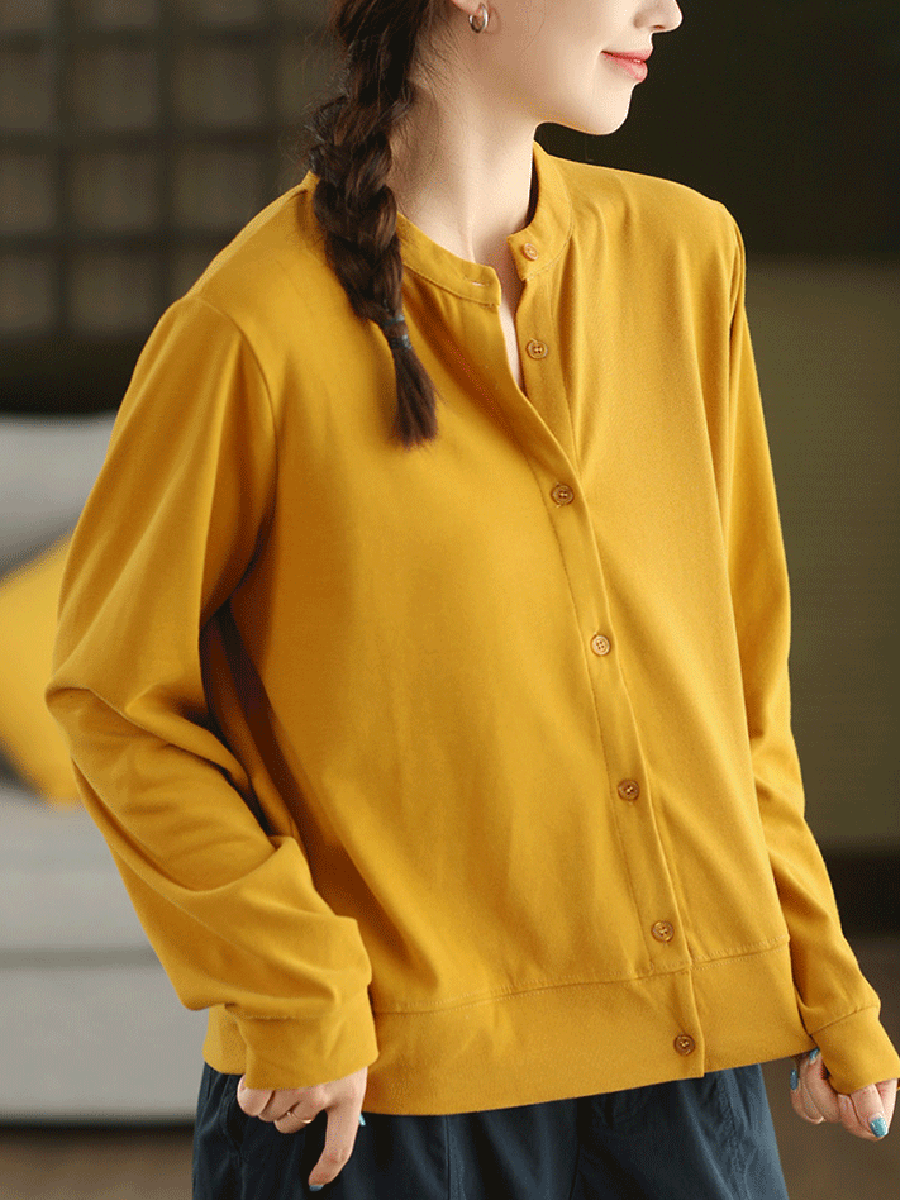 Autumn 100%Cotton Color Pure O-Neck Shirt Casual Women